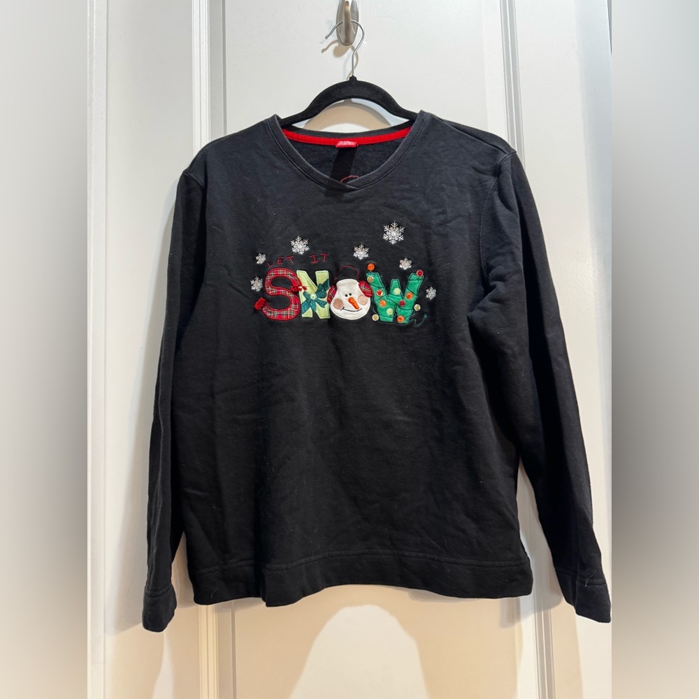 Merry And Bright Black Christmas Snow Embroidered Long Sleeve Crew Sweatshirt L